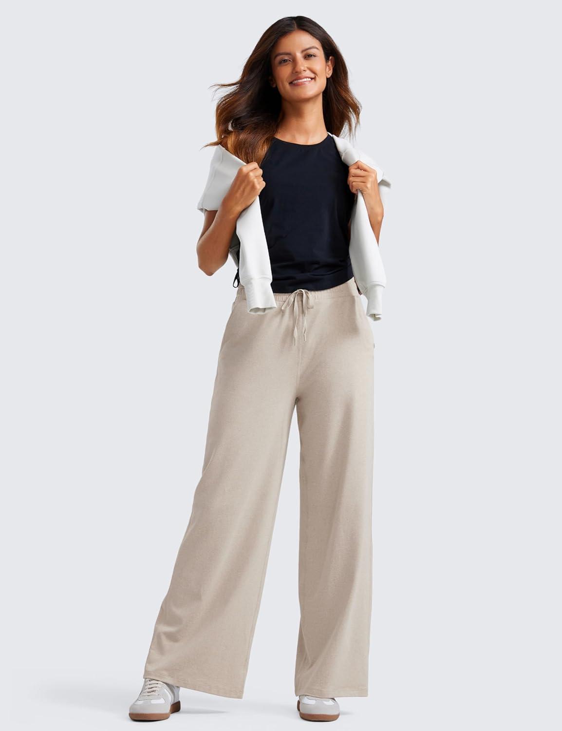 imageCRZ YOGA Cloud Jersey Wide Leg Sweatpants Women 30quot High Waisted Casual Lounge Pajama Travel Pants with PocketsMojave Tan