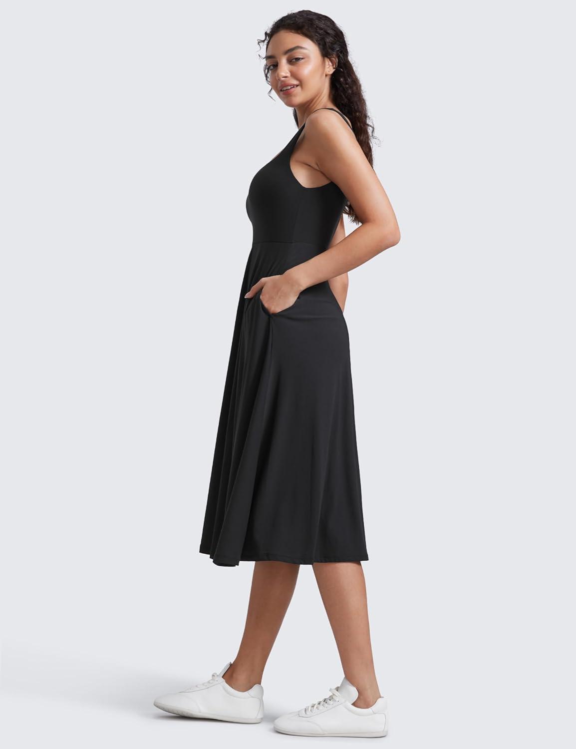 imageCRZ YOGA Cloudweight Double Lined Square Neck Midi Dresses for Women Casual Summer Sleeveless Outfits with Side PocketsBlack