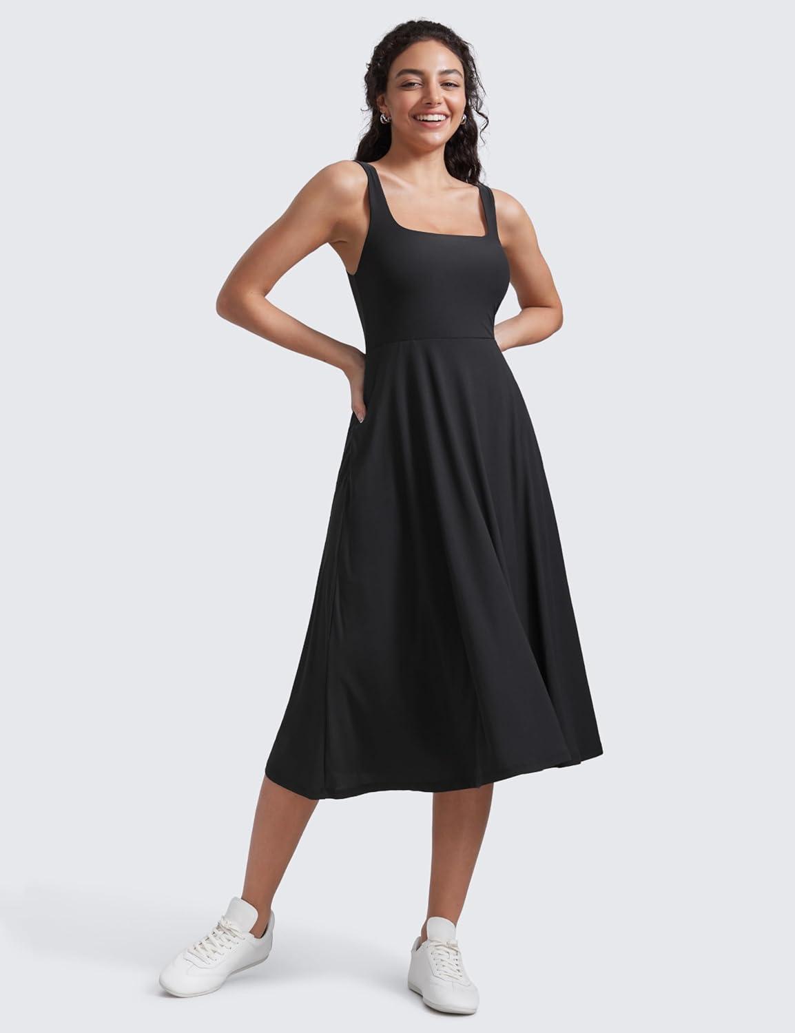 imageCRZ YOGA Cloudweight Double Lined Square Neck Midi Dresses for Women Casual Summer Sleeveless Outfits with Side PocketsBlack