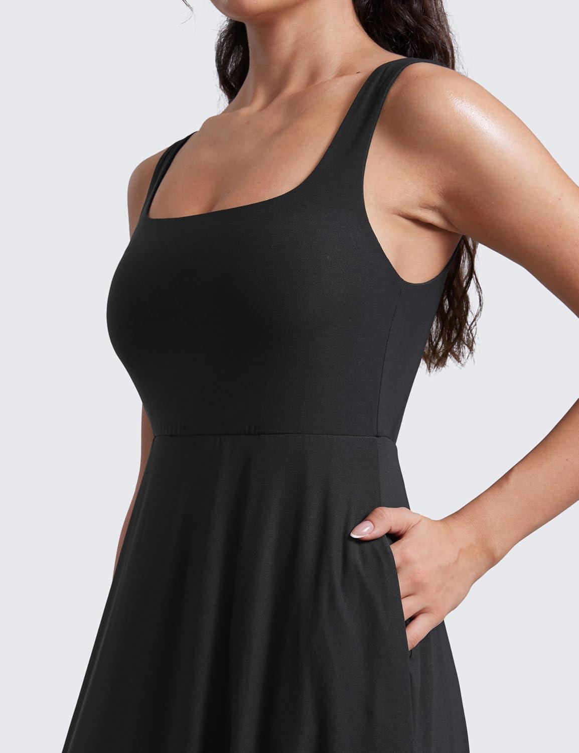 imageCRZ YOGA Cloudweight Double Lined Square Neck Midi Dresses for Women Casual Summer Sleeveless Outfits with Side PocketsBlack