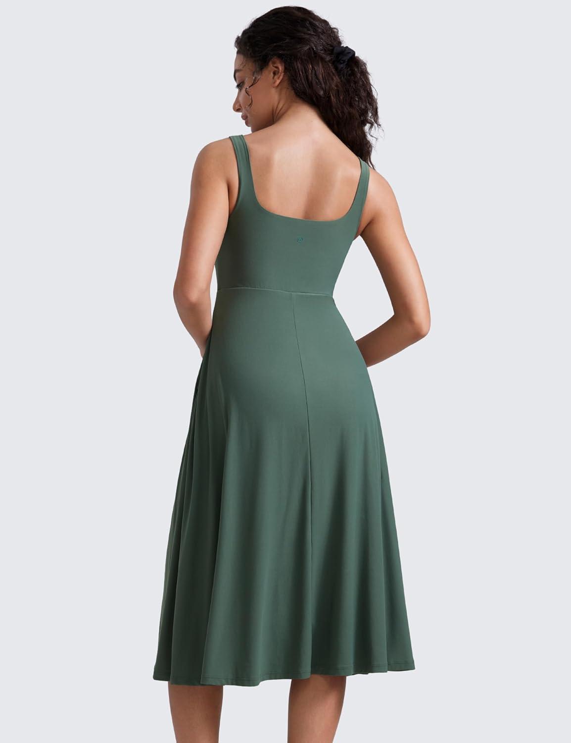 imageCRZ YOGA Cloudweight Double Lined Square Neck Midi Dresses for Women Casual Summer Sleeveless Outfits with Side PocketsGraphite Green
