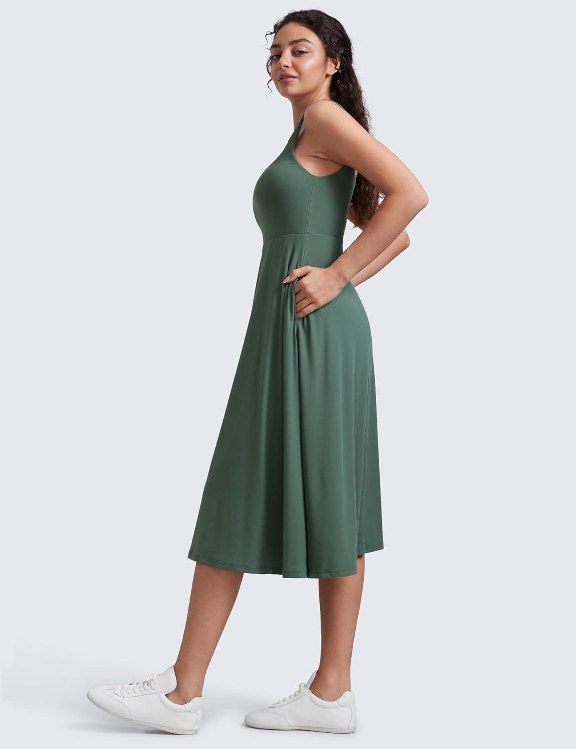 imageCRZ YOGA Cloudweight Double Lined Square Neck Midi Dresses for Women Casual Summer Sleeveless Outfits with Side PocketsGraphite Green