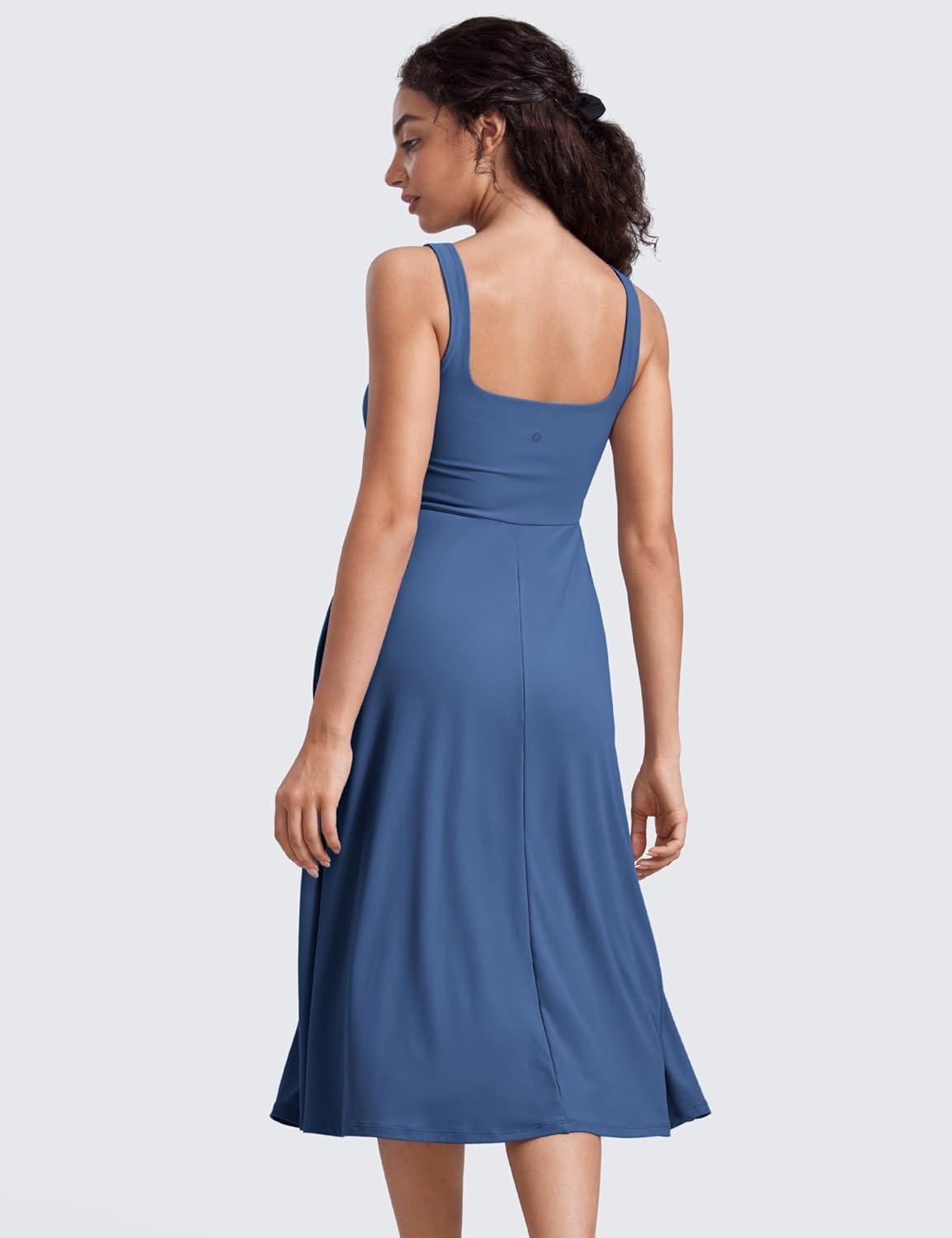 imageCRZ YOGA Cloudweight Double Lined Square Neck Midi Dresses for Women Casual Summer Sleeveless Outfits with Side PocketsPitch Blue