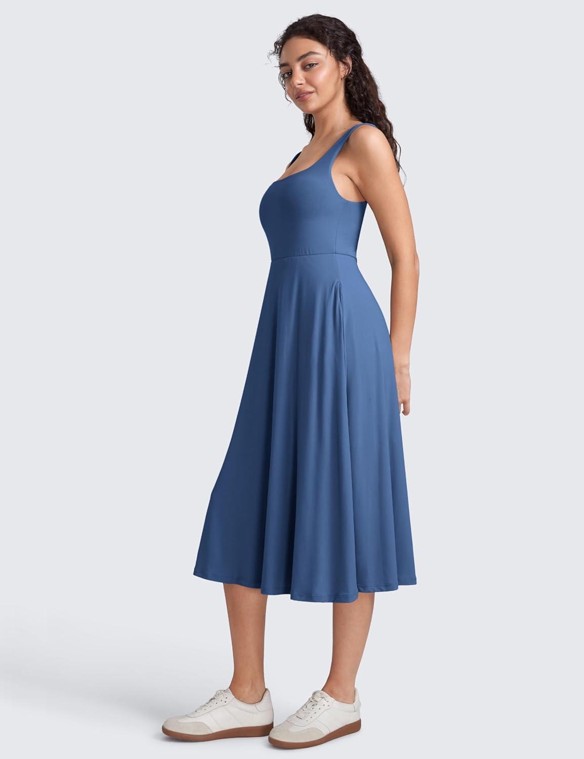 imageCRZ YOGA Cloudweight Double Lined Square Neck Midi Dresses for Women Casual Summer Sleeveless Outfits with Side PocketsPitch Blue