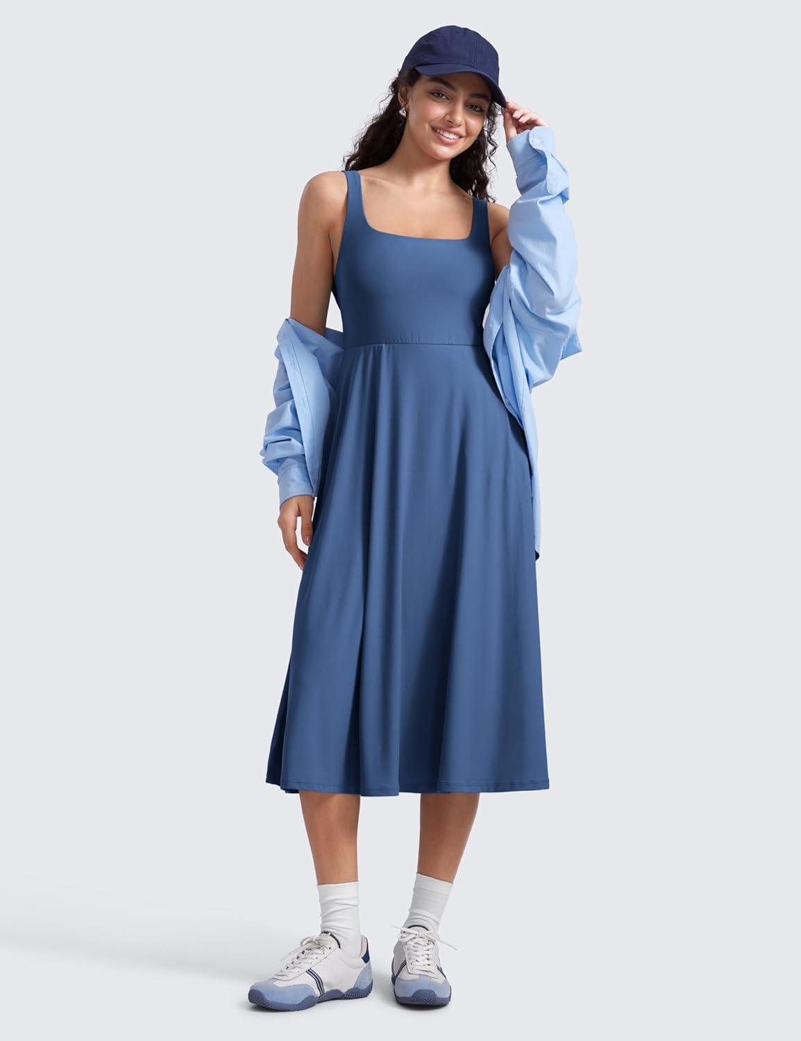 imageCRZ YOGA Cloudweight Double Lined Square Neck Midi Dresses for Women Casual Summer Sleeveless Outfits with Side PocketsPitch Blue