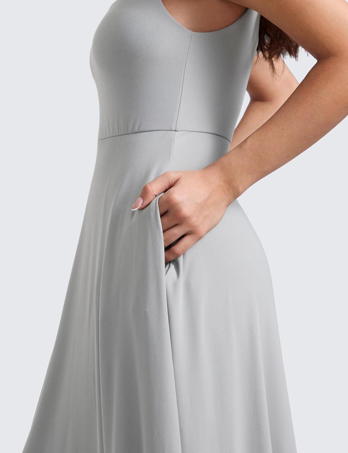 imageCRZ YOGA Cloudweight Double Lined Square Neck Midi Dresses for Women Casual Summer Sleeveless Outfits with Side PocketsSilver Gray