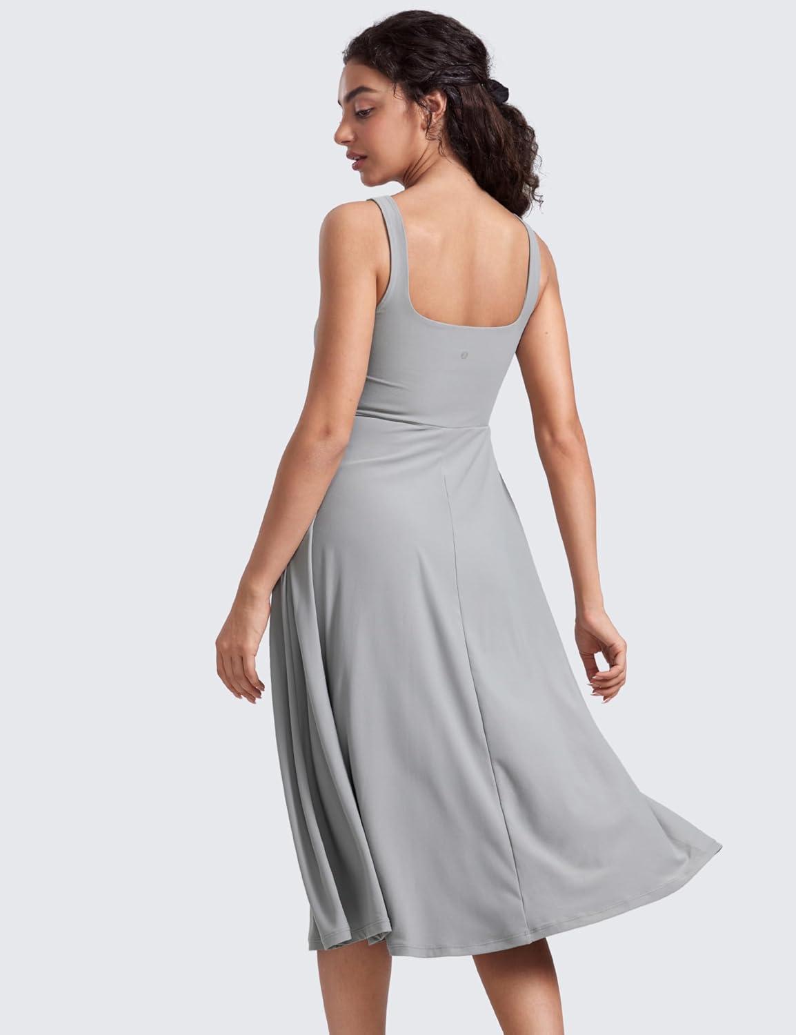 imageCRZ YOGA Cloudweight Double Lined Square Neck Midi Dresses for Women Casual Summer Sleeveless Outfits with Side PocketsSilver Gray