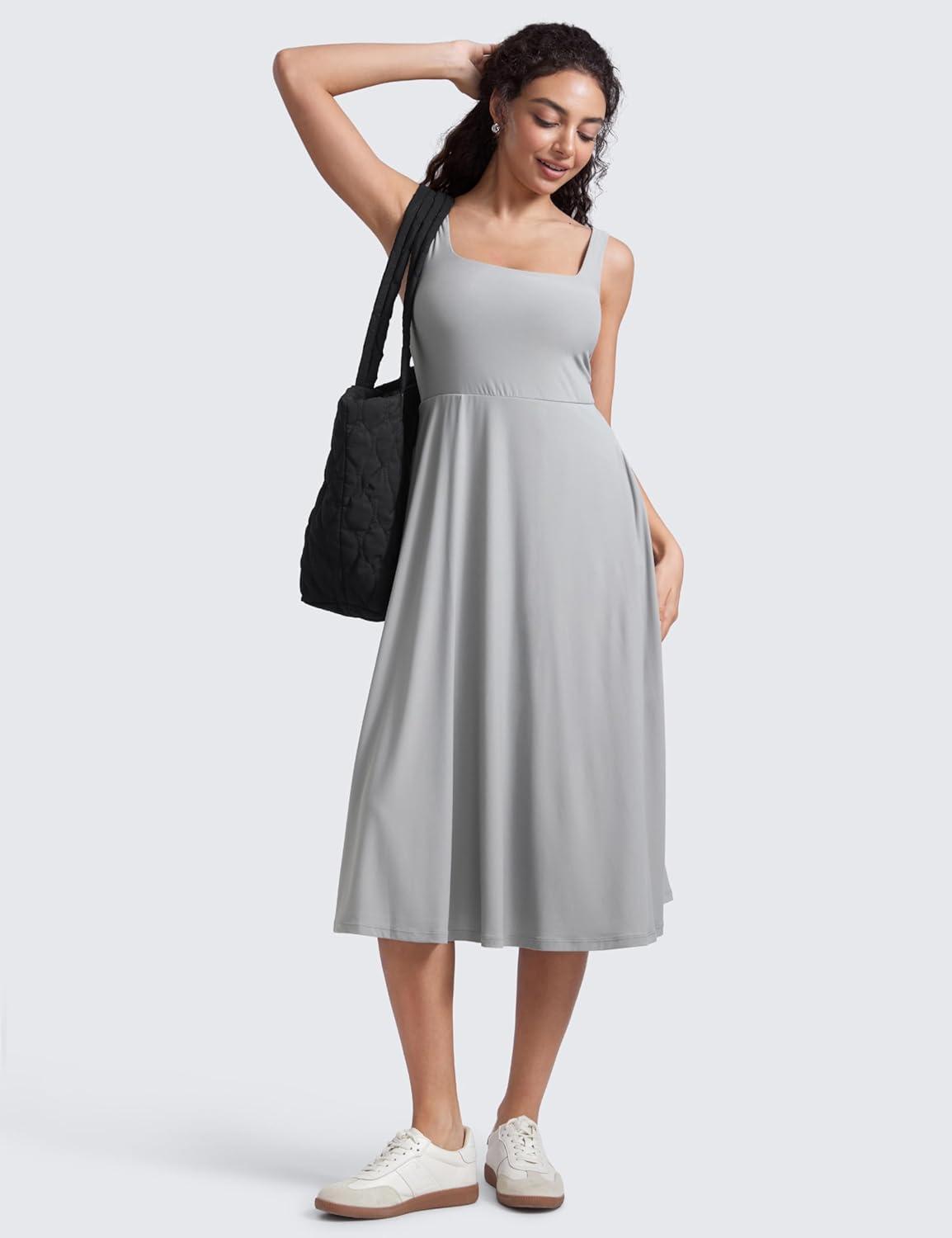 imageCRZ YOGA Cloudweight Double Lined Square Neck Midi Dresses for Women Casual Summer Sleeveless Outfits with Side PocketsSilver Gray