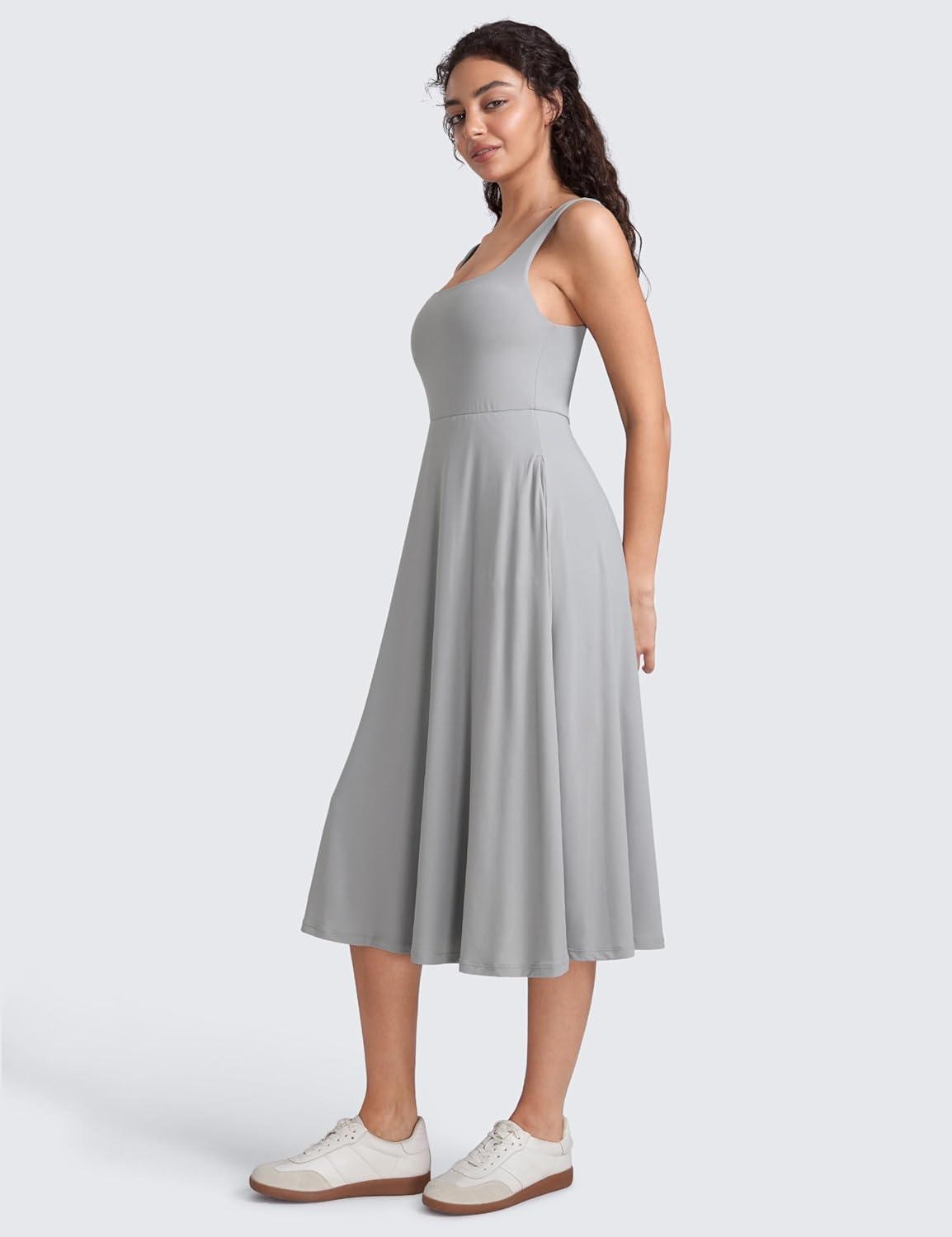 imageCRZ YOGA Cloudweight Double Lined Square Neck Midi Dresses for Women Casual Summer Sleeveless Outfits with Side PocketsSilver Gray