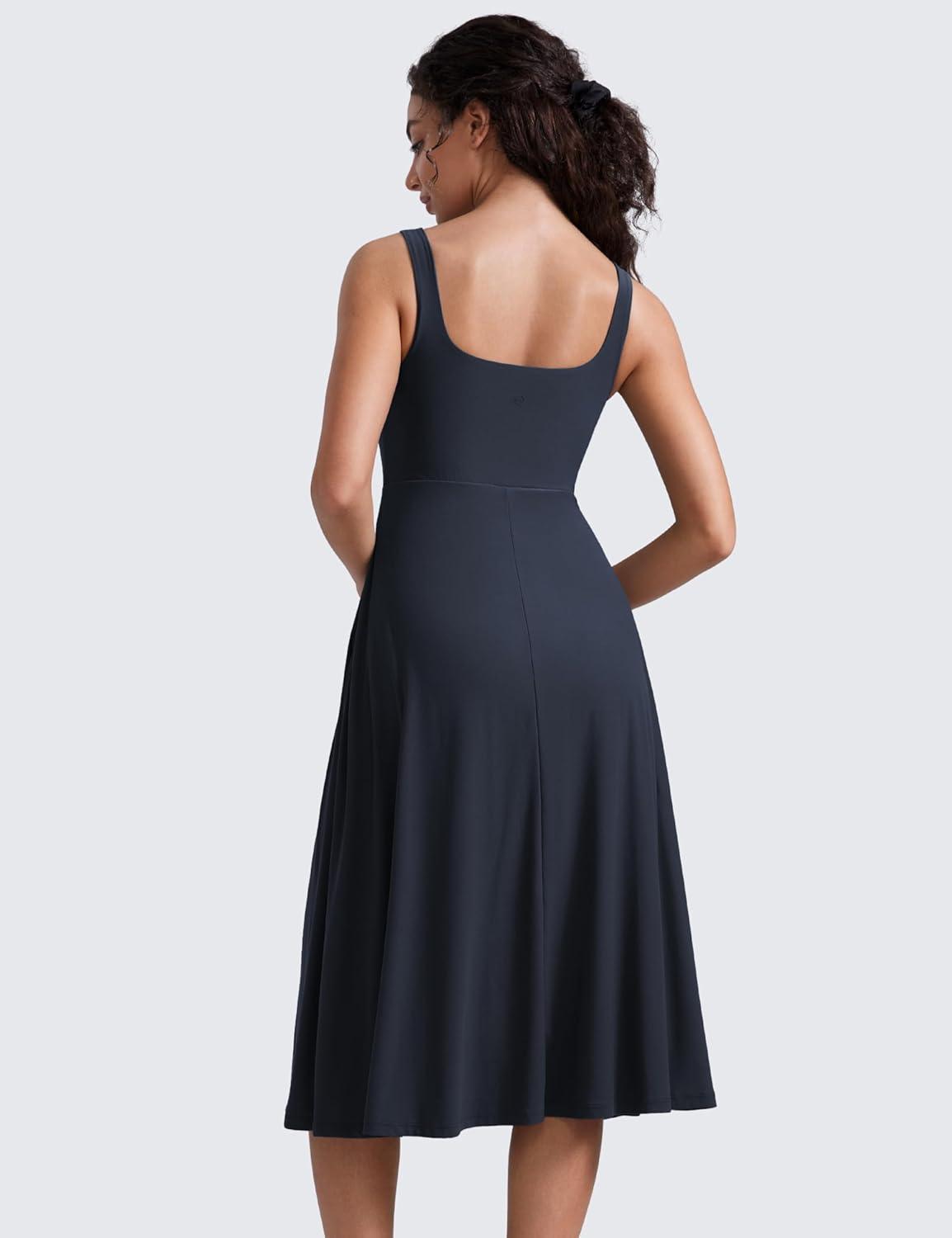 imageCRZ YOGA Cloudweight Double Lined Square Neck Midi Dresses for Women Casual Summer Sleeveless Outfits with Side PocketsTrue Navy