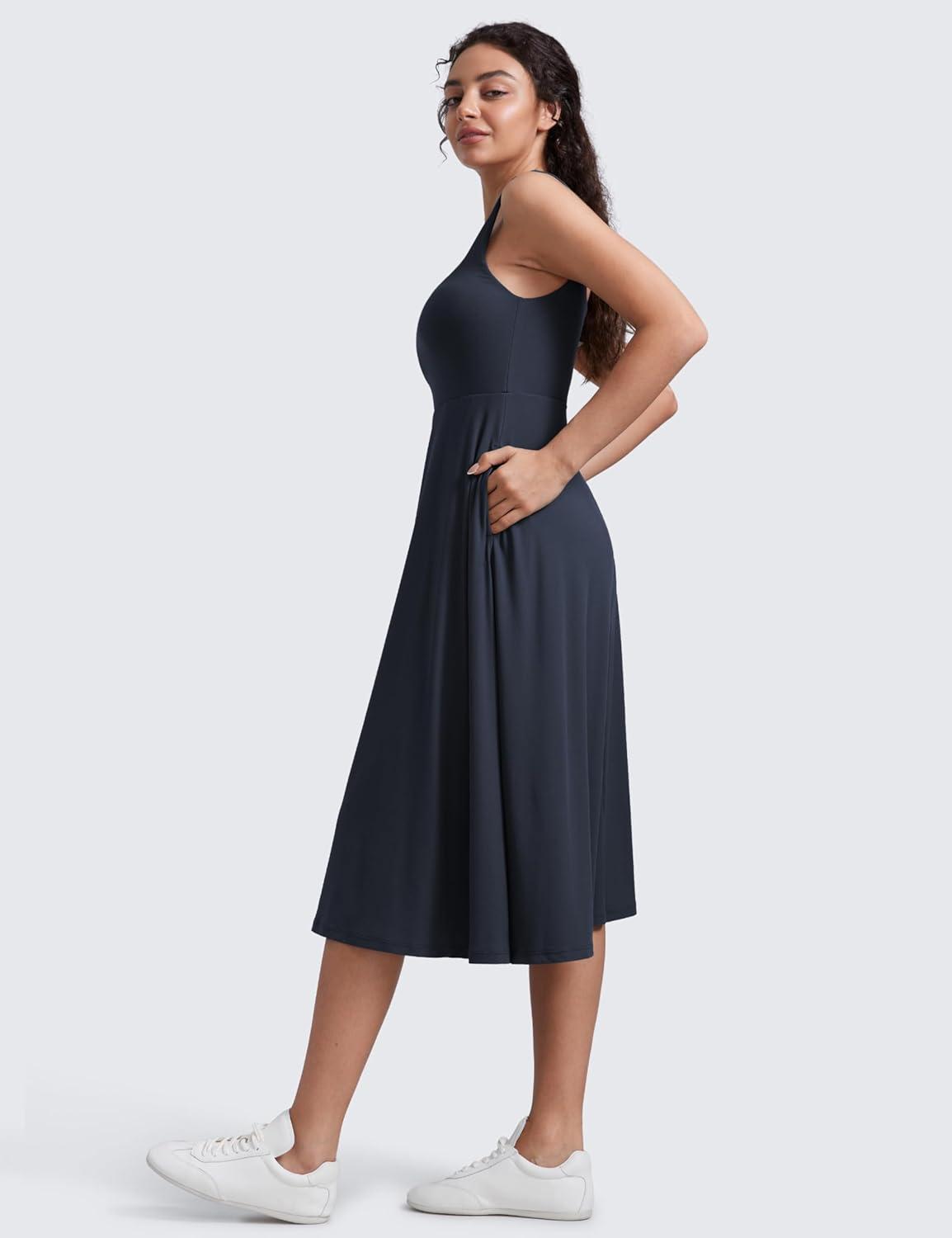 imageCRZ YOGA Cloudweight Double Lined Square Neck Midi Dresses for Women Casual Summer Sleeveless Outfits with Side PocketsTrue Navy