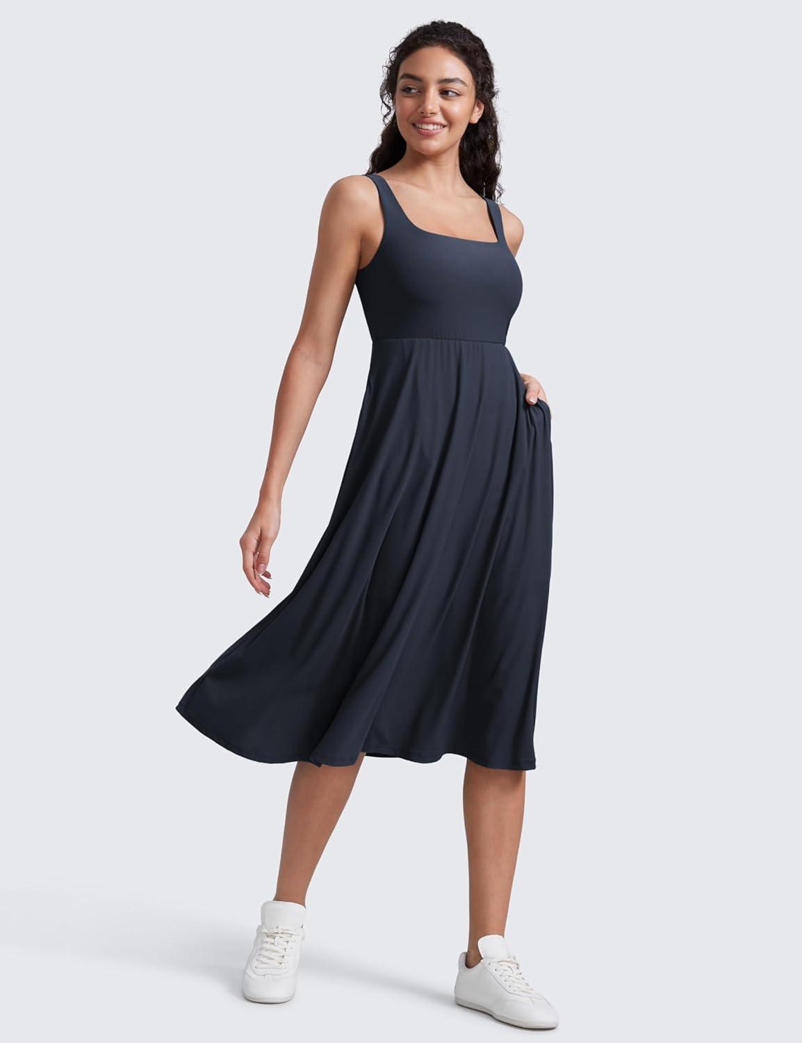imageCRZ YOGA Cloudweight Double Lined Square Neck Midi Dresses for Women Casual Summer Sleeveless Outfits with Side PocketsTrue Navy