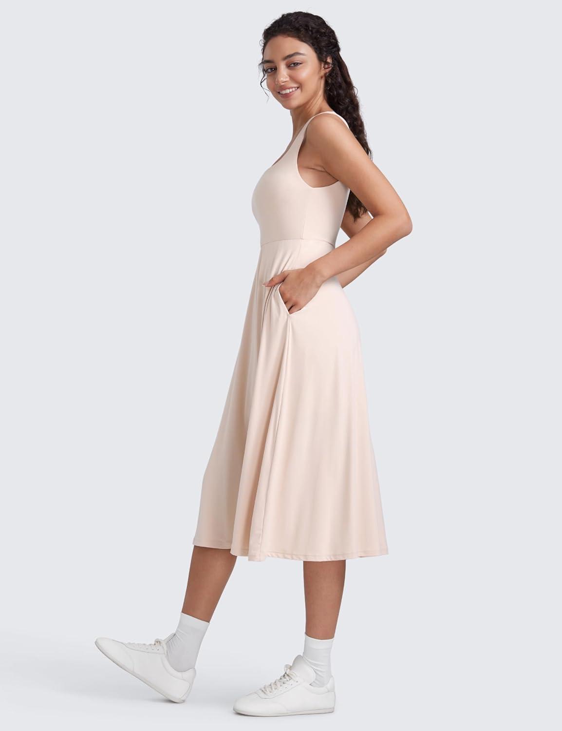 imageCRZ YOGA Cloudweight Double Lined Square Neck Midi Dresses for Women Casual Summer Sleeveless Outfits with Side PocketsWhite Opal