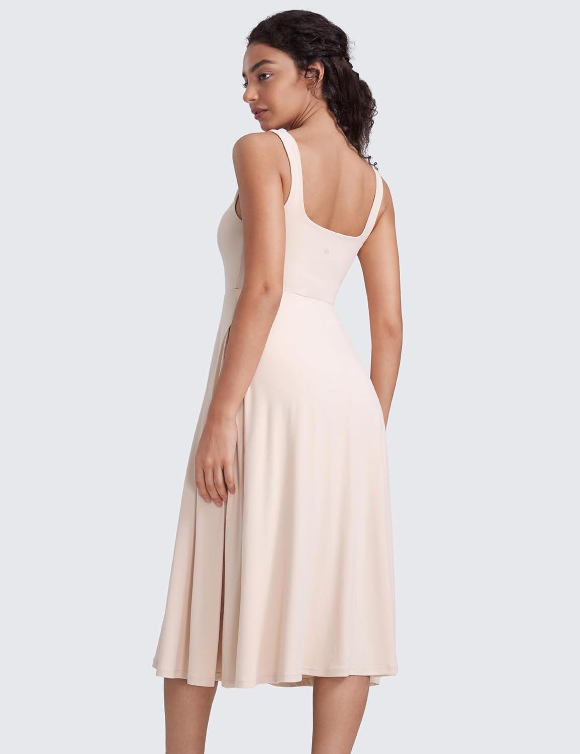 imageCRZ YOGA Cloudweight Double Lined Square Neck Midi Dresses for Women Casual Summer Sleeveless Outfits with Side PocketsWhite Opal