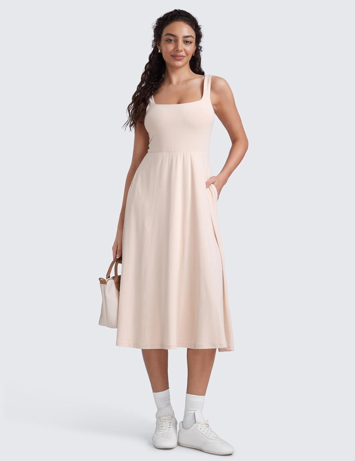 imageCRZ YOGA Cloudweight Double Lined Square Neck Midi Dresses for Women Casual Summer Sleeveless Outfits with Side PocketsWhite Opal