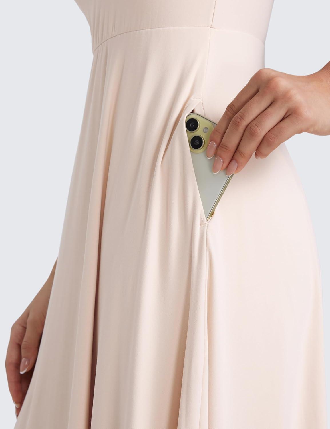 imageCRZ YOGA Cloudweight Double Lined Square Neck Midi Dresses for Women Casual Summer Sleeveless Outfits with Side PocketsWhite Opal