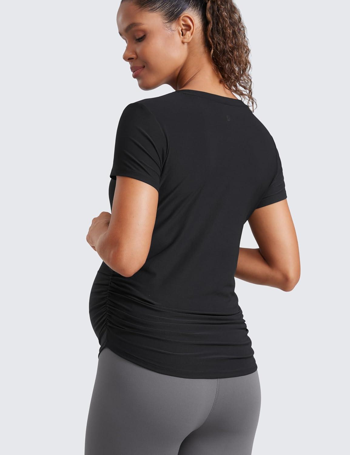 imageCRZ YOGA Cloudweight Maternity Shirts for Women Pregnancy Short Sleeve Side Ruched Tops Soft Workout Casual Athletic TShirtBlack