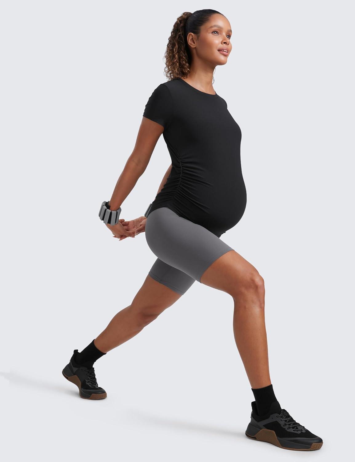 imageCRZ YOGA Cloudweight Maternity Shirts for Women Pregnancy Short Sleeve Side Ruched Tops Soft Workout Casual Athletic TShirtBlack