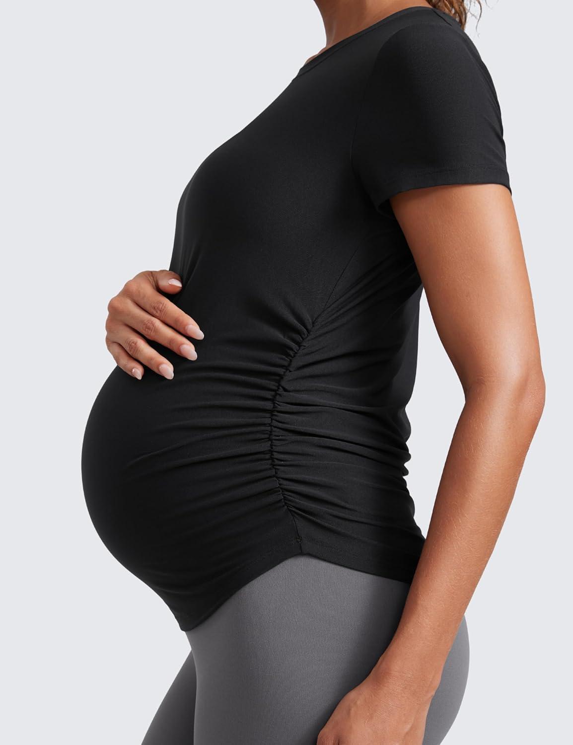 imageCRZ YOGA Cloudweight Maternity Shirts for Women Pregnancy Short Sleeve Side Ruched Tops Soft Workout Casual Athletic TShirtBlack