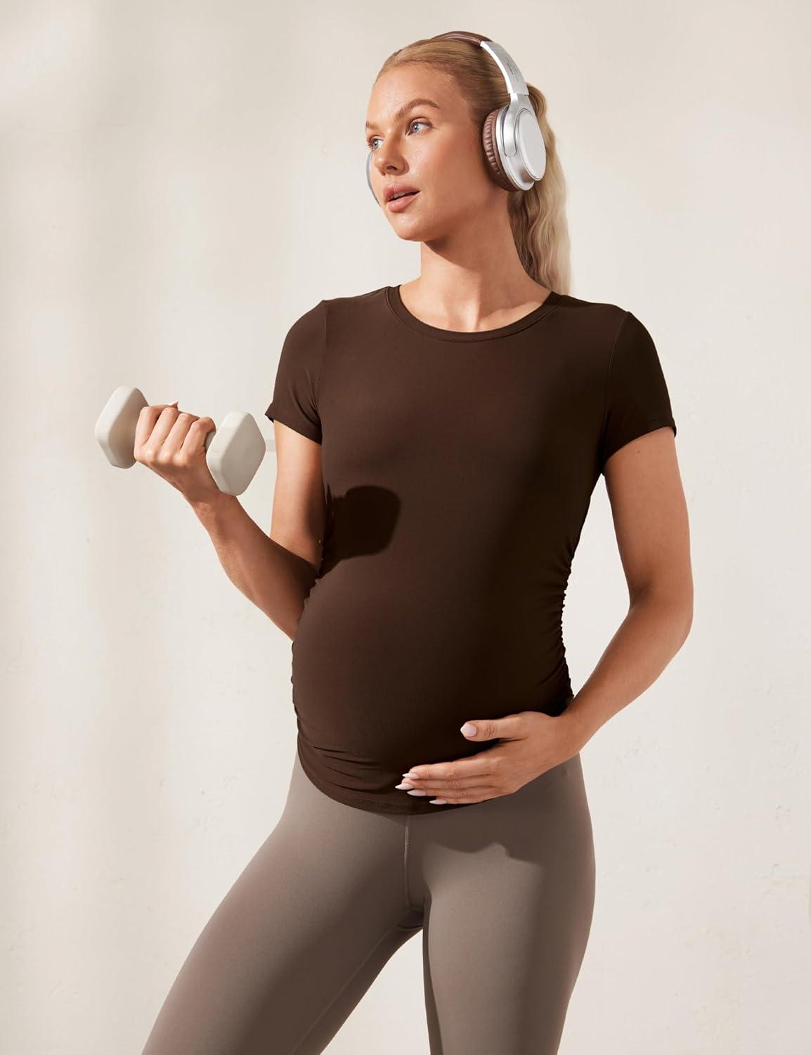 imageCRZ YOGA Cloudweight Maternity Shirts for Women Pregnancy Short Sleeve Side Ruched Tops Soft Workout Casual Athletic TShirtCoffee Brown