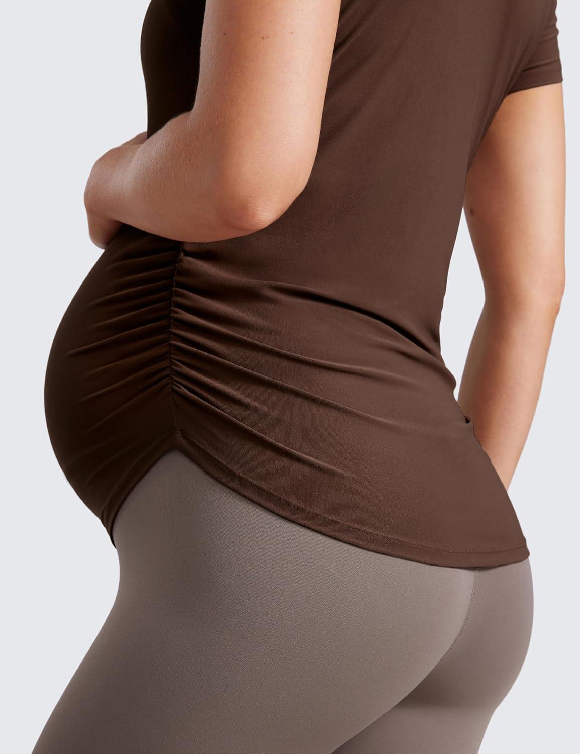 imageCRZ YOGA Cloudweight Maternity Shirts for Women Pregnancy Short Sleeve Side Ruched Tops Soft Workout Casual Athletic TShirtCoffee Brown