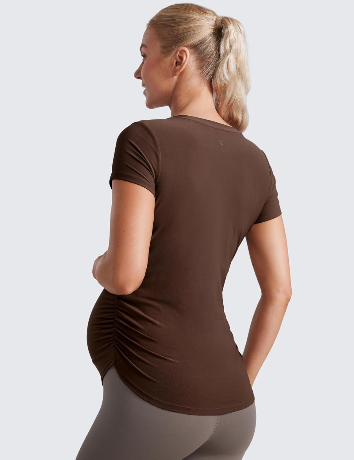 imageCRZ YOGA Cloudweight Maternity Shirts for Women Pregnancy Short Sleeve Side Ruched Tops Soft Workout Casual Athletic TShirtCoffee Brown
