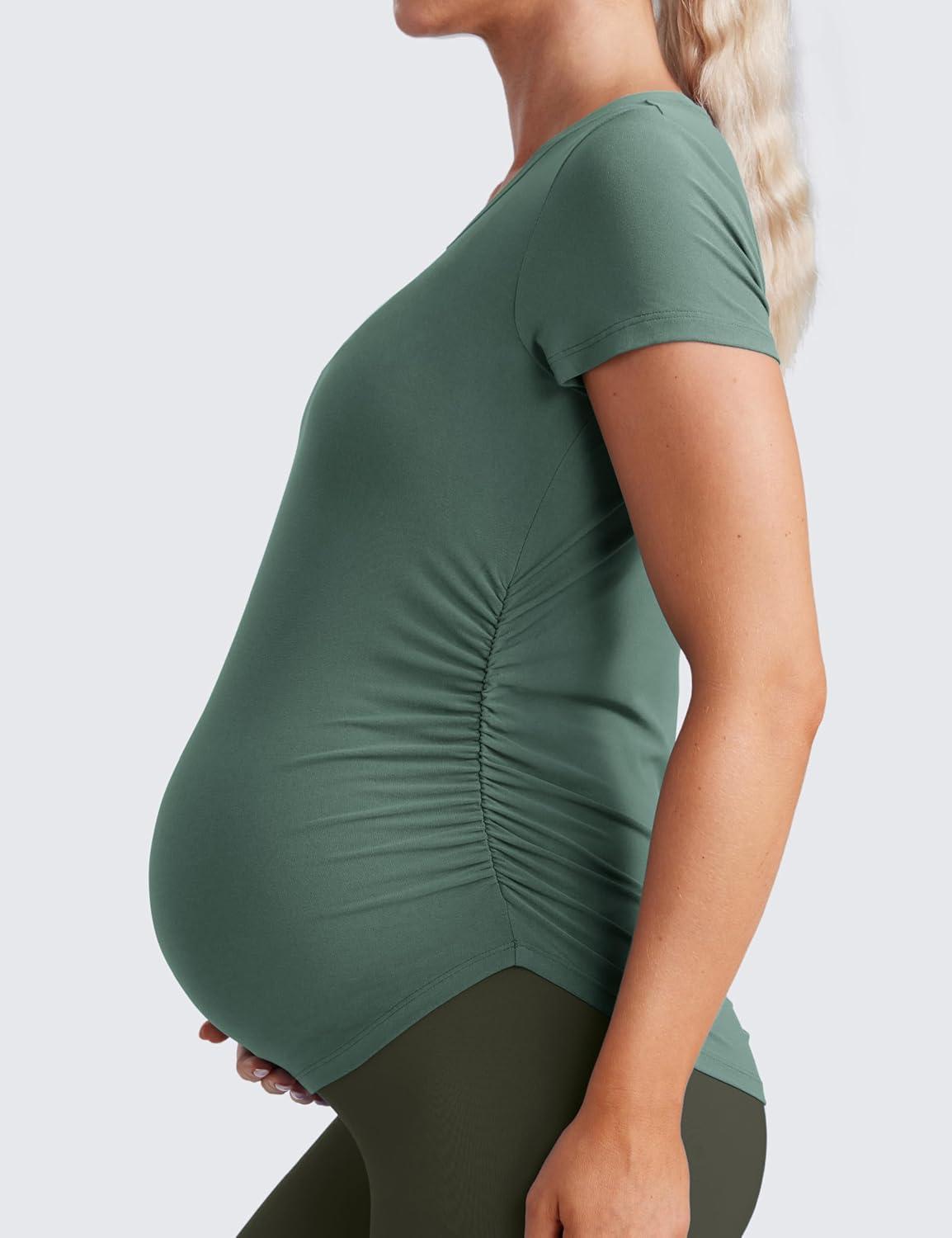 imageCRZ YOGA Cloudweight Maternity Shirts for Women Pregnancy Short Sleeve Side Ruched Tops Soft Workout Casual Athletic TShirtGraphite Green