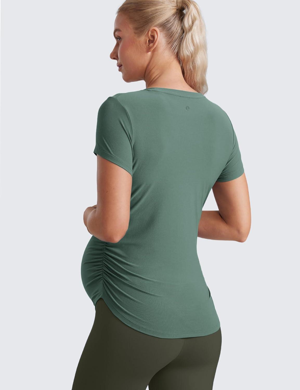 imageCRZ YOGA Cloudweight Maternity Shirts for Women Pregnancy Short Sleeve Side Ruched Tops Soft Workout Casual Athletic TShirtGraphite Green