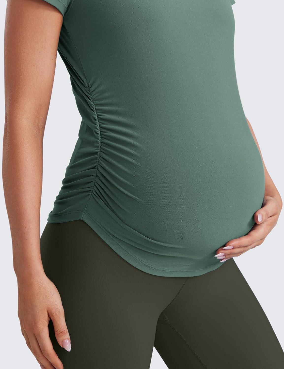 imageCRZ YOGA Cloudweight Maternity Shirts for Women Pregnancy Short Sleeve Side Ruched Tops Soft Workout Casual Athletic TShirtGraphite Green
