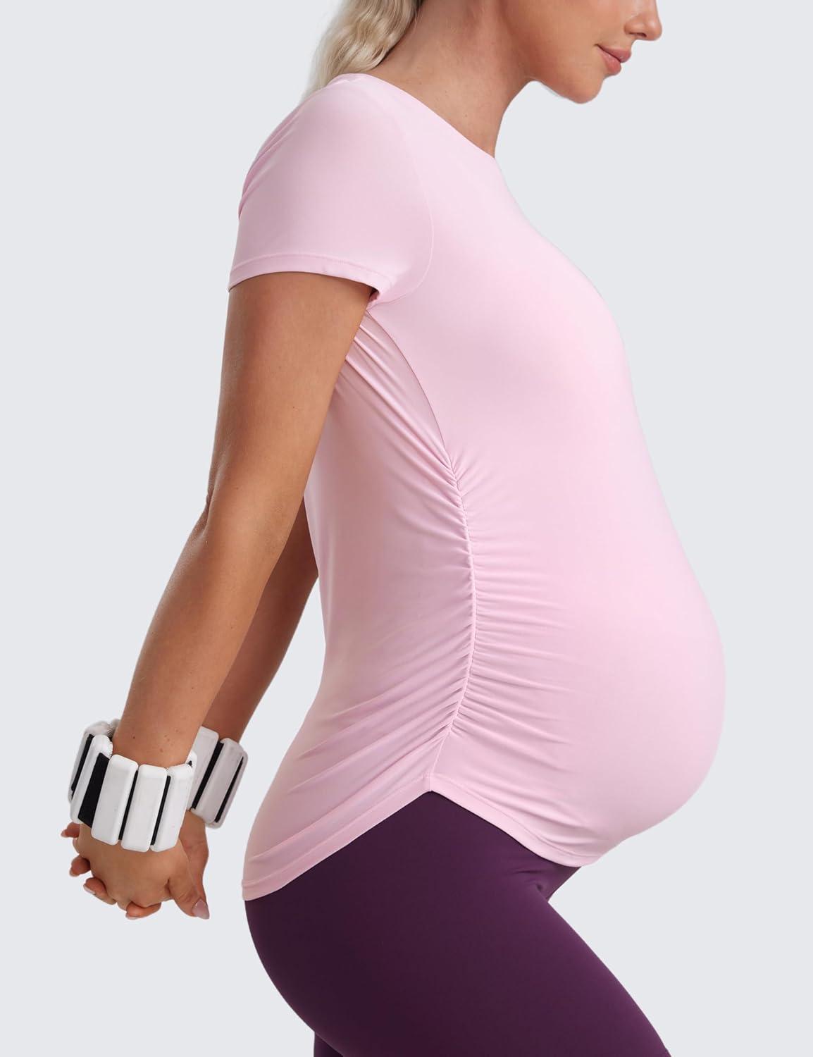 imageCRZ YOGA Cloudweight Maternity Shirts for Women Pregnancy Short Sleeve Side Ruched Tops Soft Workout Casual Athletic TShirtPink Peony