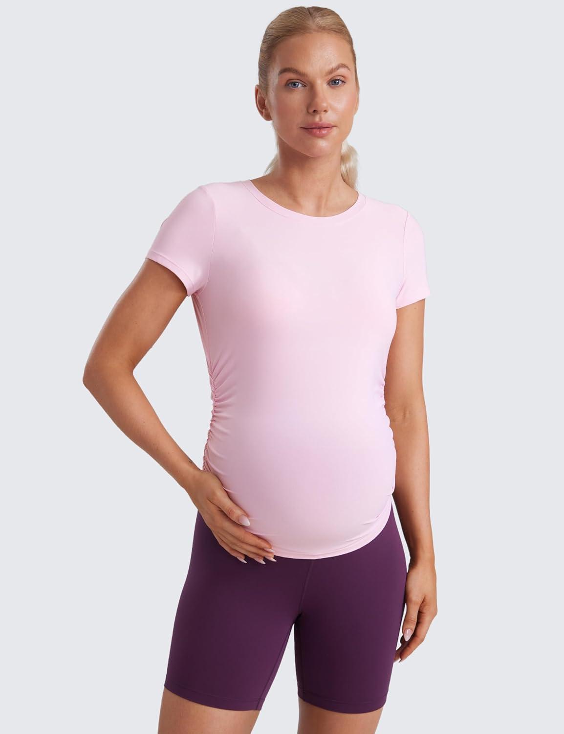 imageCRZ YOGA Cloudweight Maternity Shirts for Women Pregnancy Short Sleeve Side Ruched Tops Soft Workout Casual Athletic TShirtPink Peony