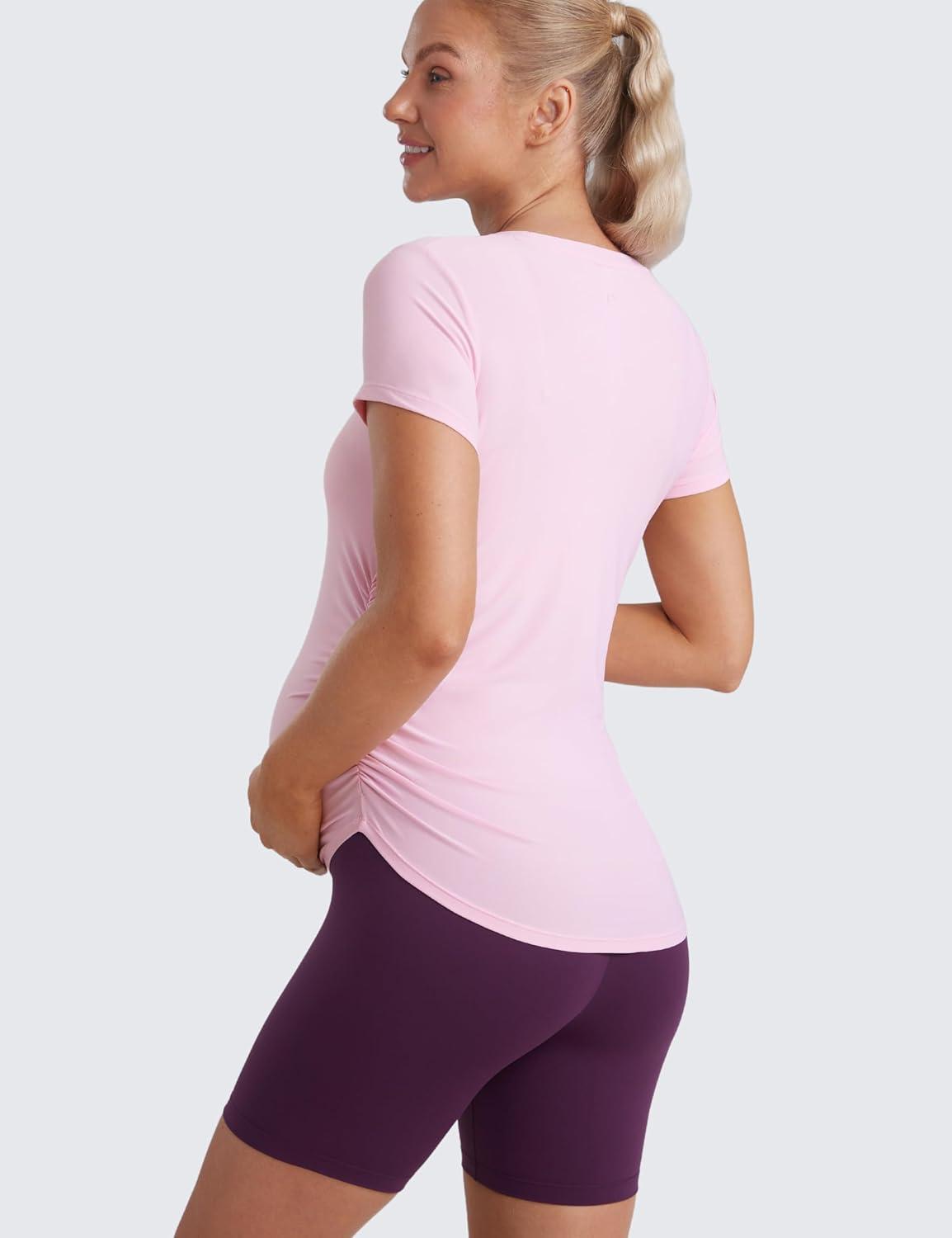 imageCRZ YOGA Cloudweight Maternity Shirts for Women Pregnancy Short Sleeve Side Ruched Tops Soft Workout Casual Athletic TShirtPink Peony