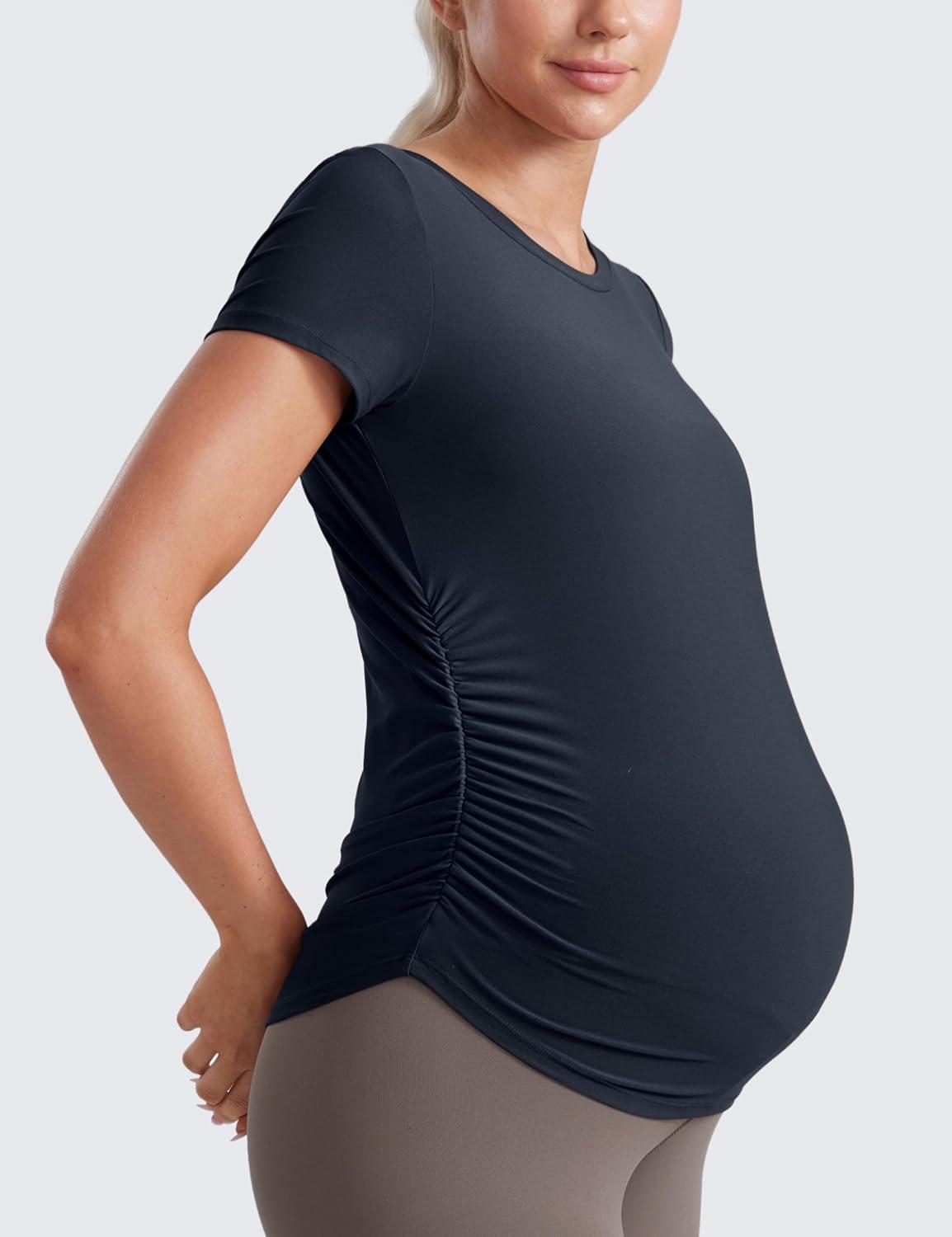 imageCRZ YOGA Cloudweight Maternity Shirts for Women Pregnancy Short Sleeve Side Ruched Tops Soft Workout Casual Athletic TShirtTrue Navy