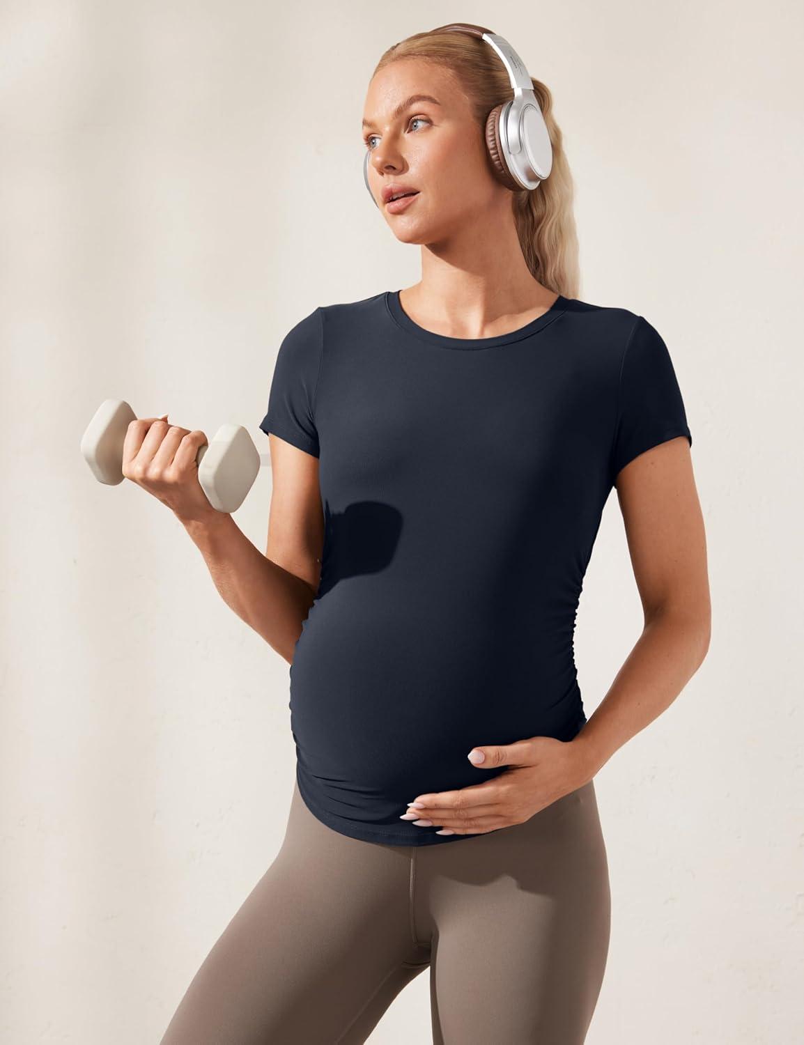 imageCRZ YOGA Cloudweight Maternity Shirts for Women Pregnancy Short Sleeve Side Ruched Tops Soft Workout Casual Athletic TShirtTrue Navy