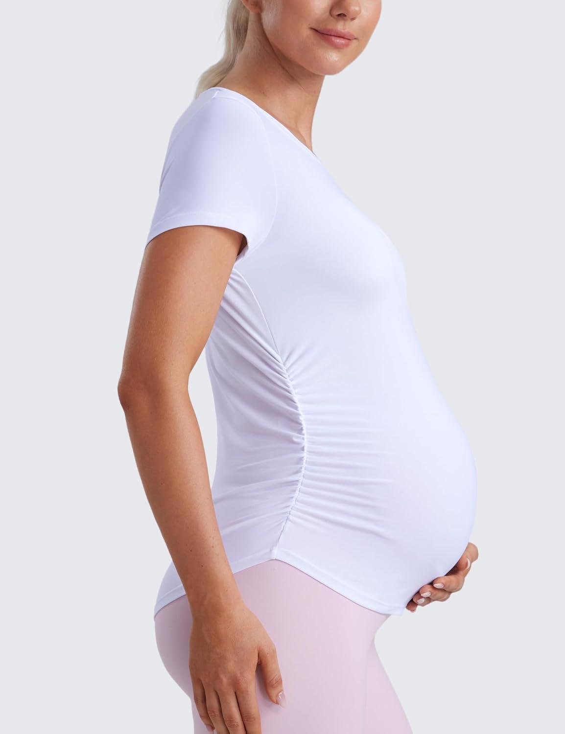 imageCRZ YOGA Cloudweight Maternity Shirts for Women Pregnancy Short Sleeve Side Ruched Tops Soft Workout Casual Athletic TShirtWhite