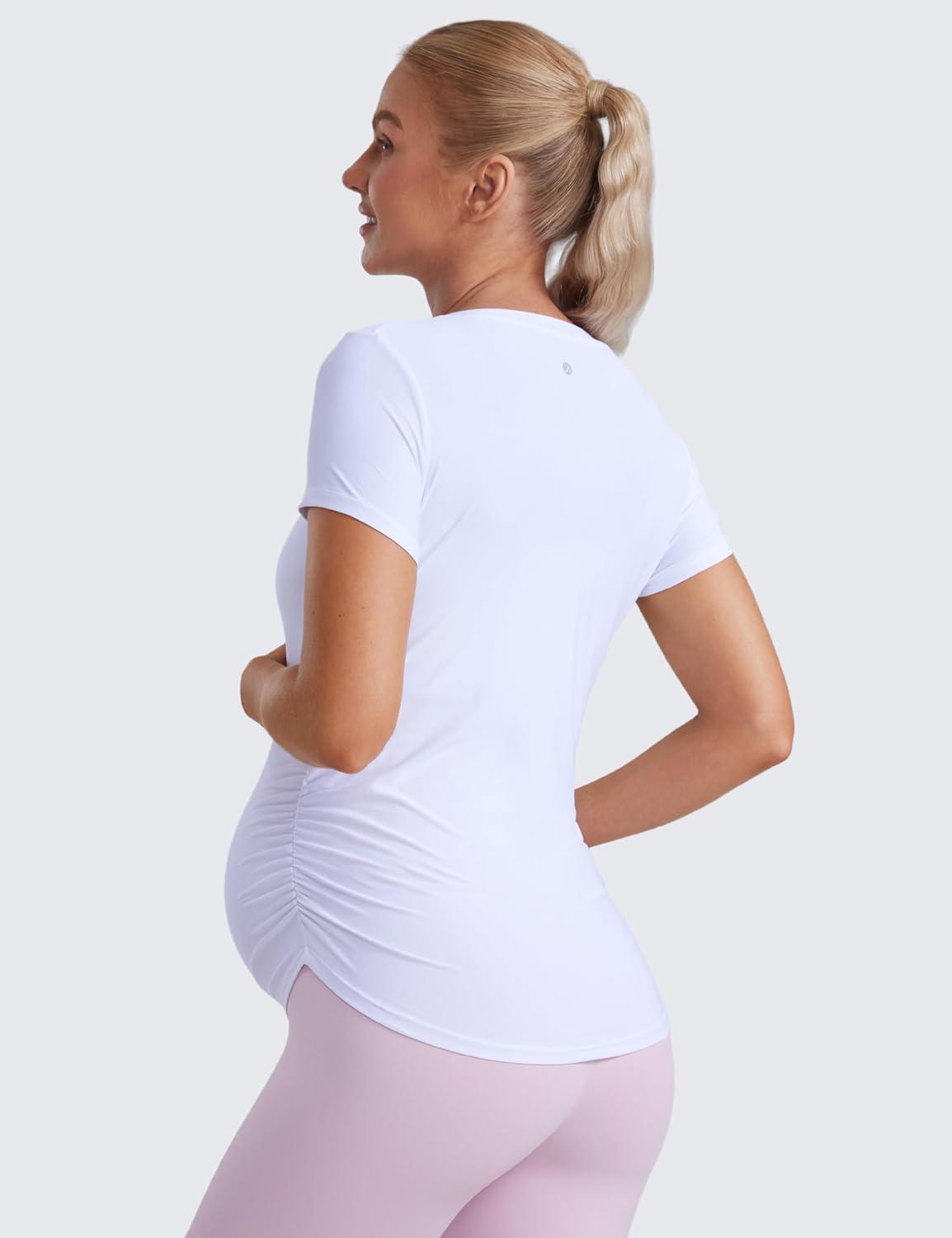 imageCRZ YOGA Cloudweight Maternity Shirts for Women Pregnancy Short Sleeve Side Ruched Tops Soft Workout Casual Athletic TShirtWhite
