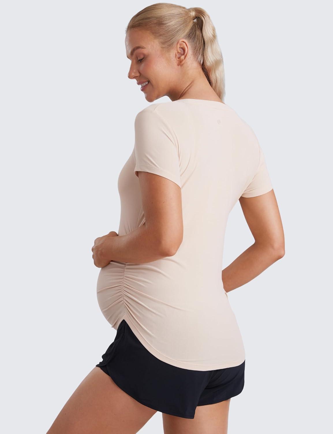 imageCRZ YOGA Cloudweight Maternity Shirts for Women Pregnancy Short Sleeve Side Ruched Tops Soft Workout Casual Athletic TShirtWhite Opal