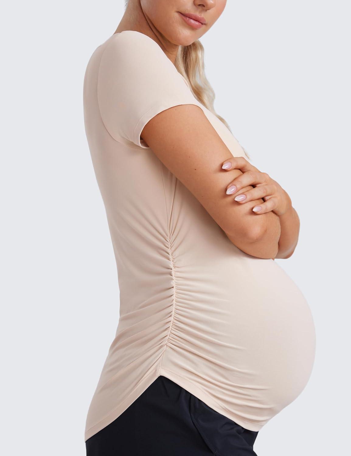 imageCRZ YOGA Cloudweight Maternity Shirts for Women Pregnancy Short Sleeve Side Ruched Tops Soft Workout Casual Athletic TShirtWhite Opal