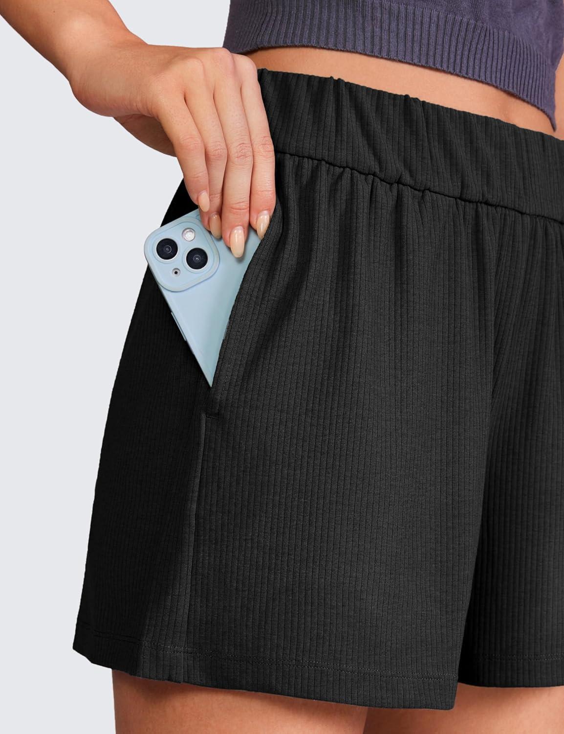 imageCRZ YOGA Comfy Ribbed Sweat Shorts for Women 3quot High Waisted Lyocell for Casual Lounge Athletic Jersey with PocketsBlack