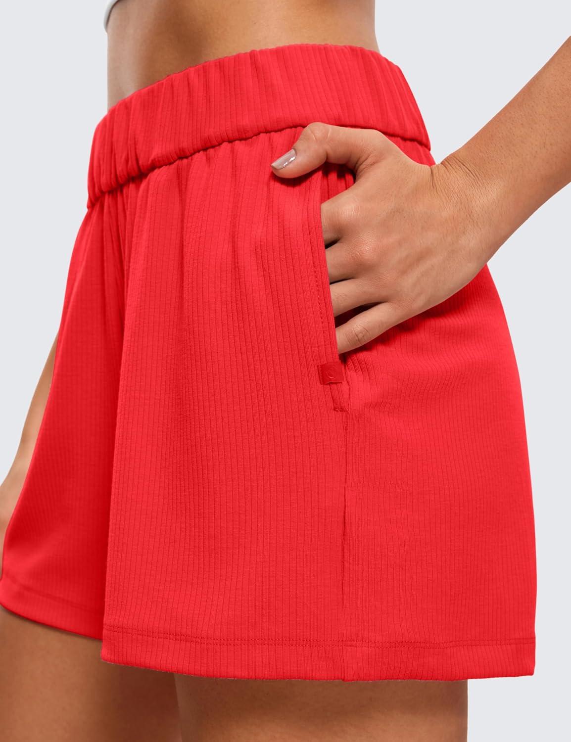 imageCRZ YOGA Comfy Ribbed Sweat Shorts for Women 3quot High Waisted Lyocell for Casual Lounge Athletic Jersey with PocketsDeep Red