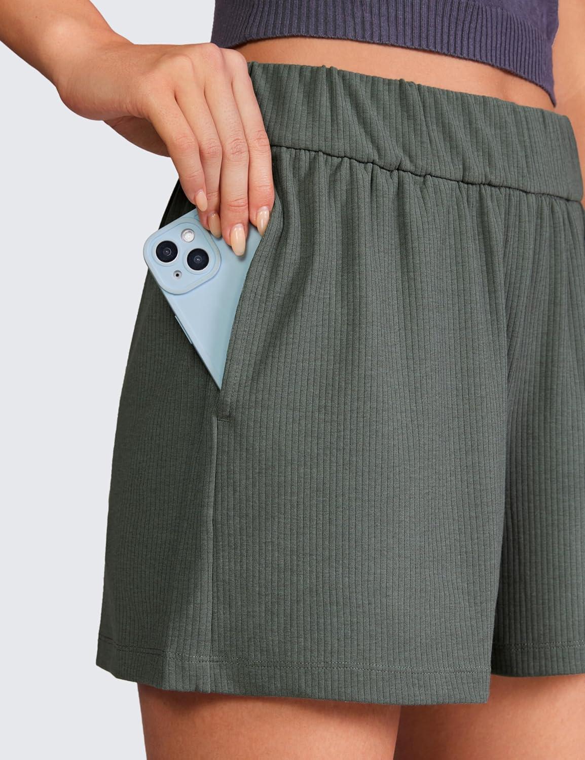 imageCRZ YOGA Comfy Ribbed Sweat Shorts for Women 3quot High Waisted Lyocell for Casual Lounge Athletic Jersey with PocketsGrey Sage
