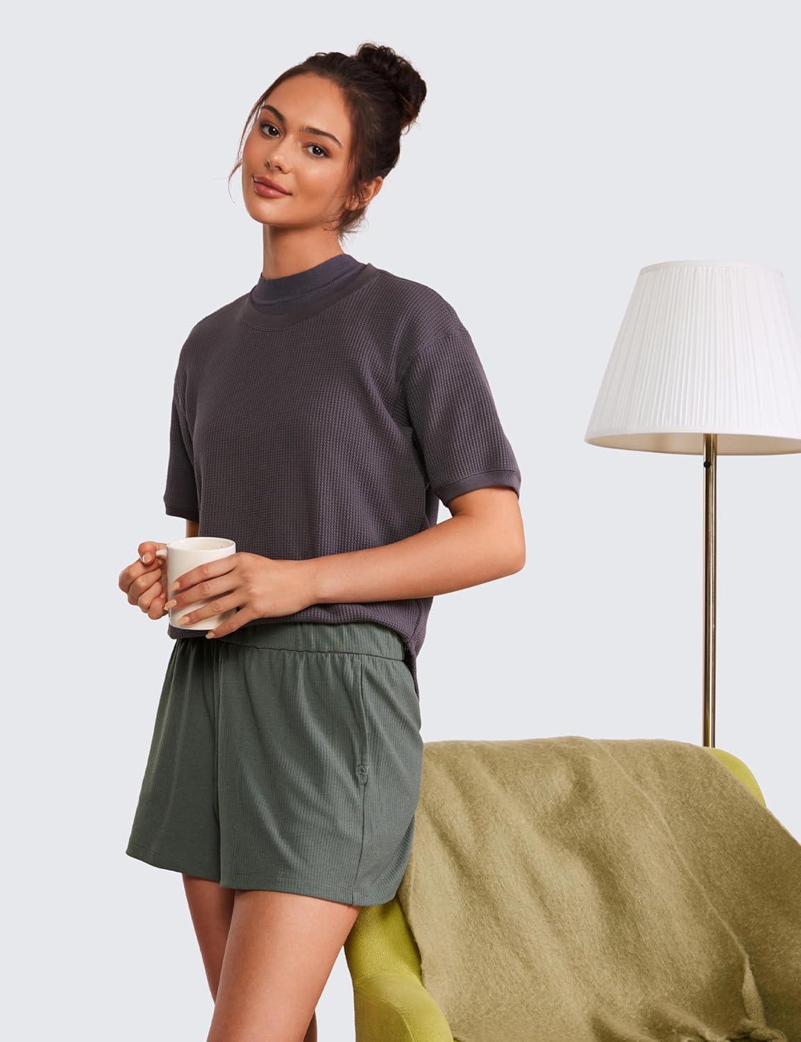 imageCRZ YOGA Comfy Ribbed Sweat Shorts for Women 3quot High Waisted Lyocell for Casual Lounge Athletic Jersey with PocketsGrey Sage