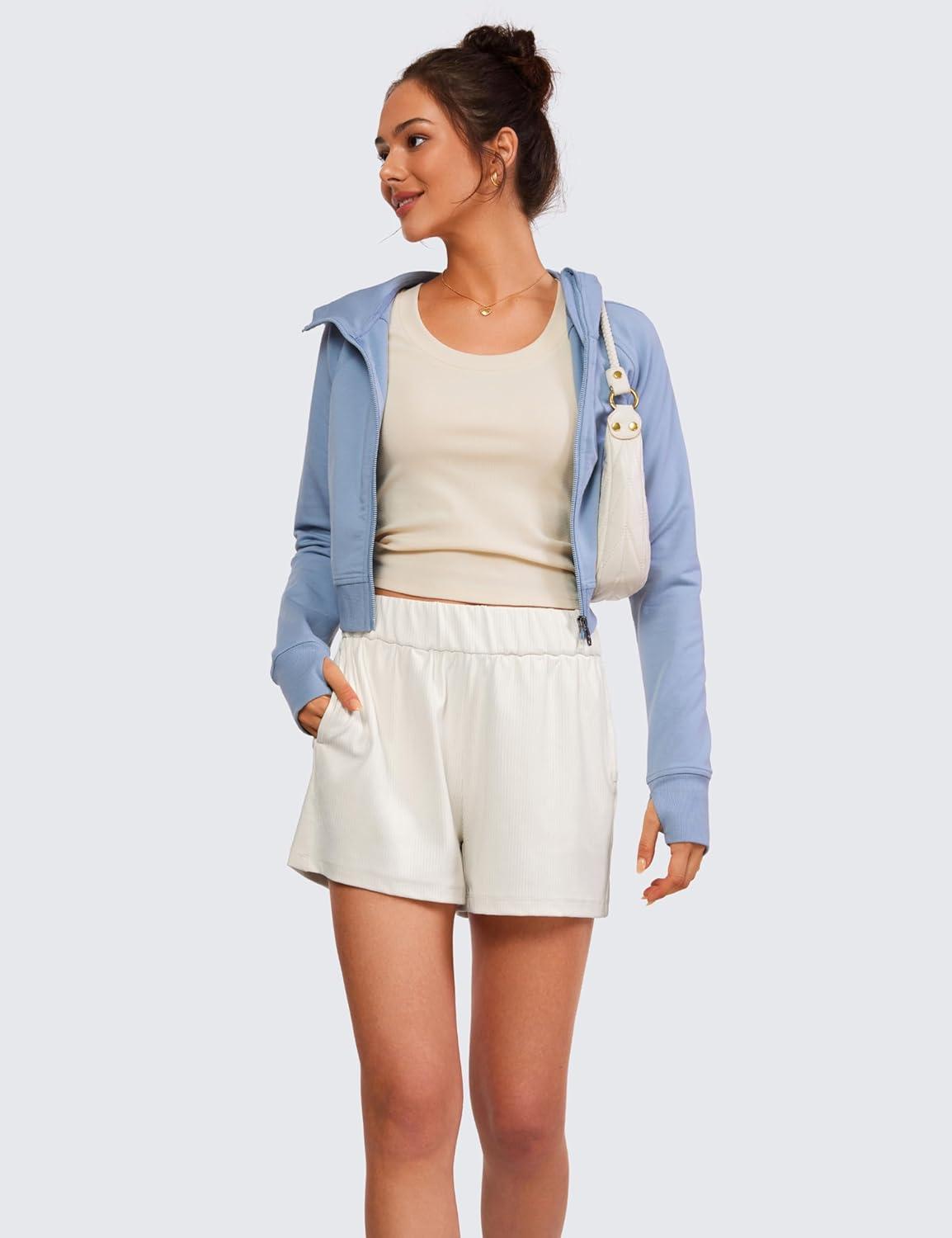 imageCRZ YOGA Comfy Ribbed Sweat Shorts for Women 3quot High Waisted Lyocell for Casual Lounge Athletic Jersey with PocketsMilky White Bone