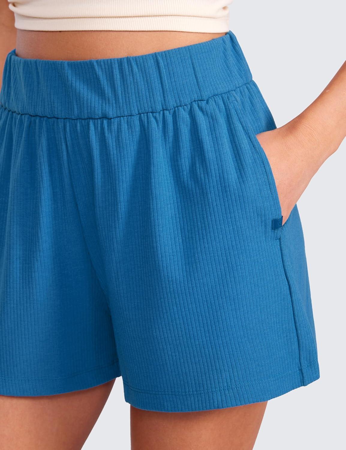 imageCRZ YOGA Comfy Ribbed Sweat Shorts for Women 3quot High Waisted Lyocell for Casual Lounge Athletic Jersey with PocketsSupersonic Blue
