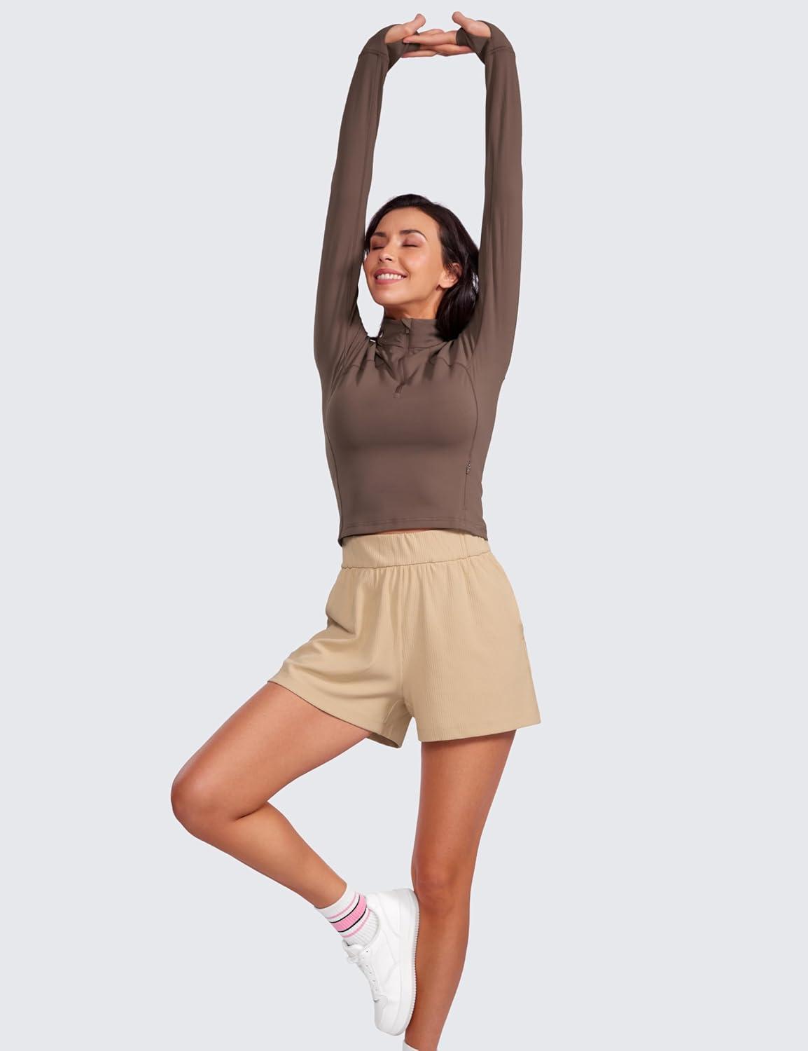 imageCRZ YOGA Comfy Ribbed Sweat Shorts for Women 3quot High Waisted Lyocell for Casual Lounge Athletic Jersey with PocketsTan Milkshake