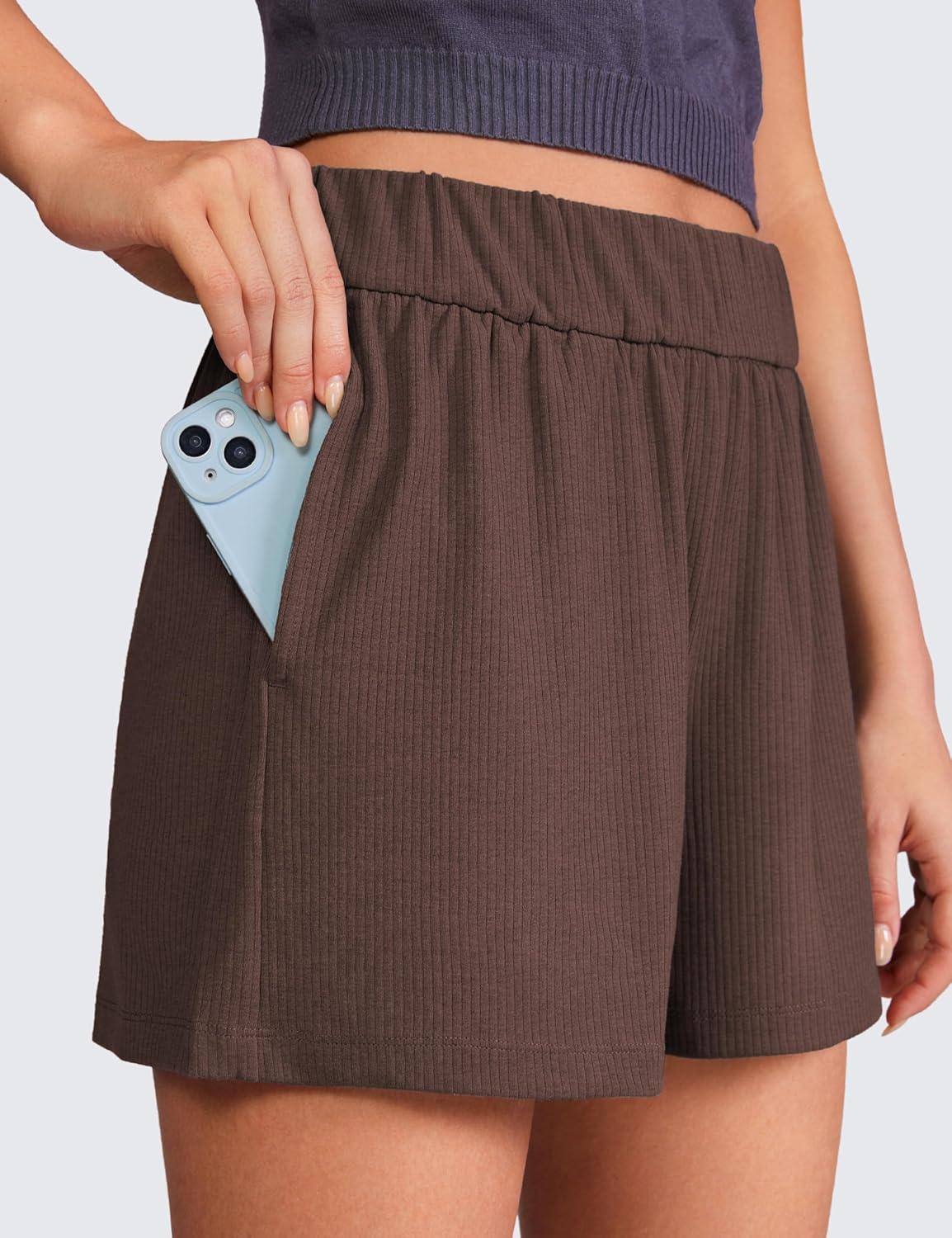 imageCRZ YOGA Comfy Ribbed Sweat Shorts for Women 3quot High Waisted Lyocell for Casual Lounge Athletic Jersey with PocketsTaupe