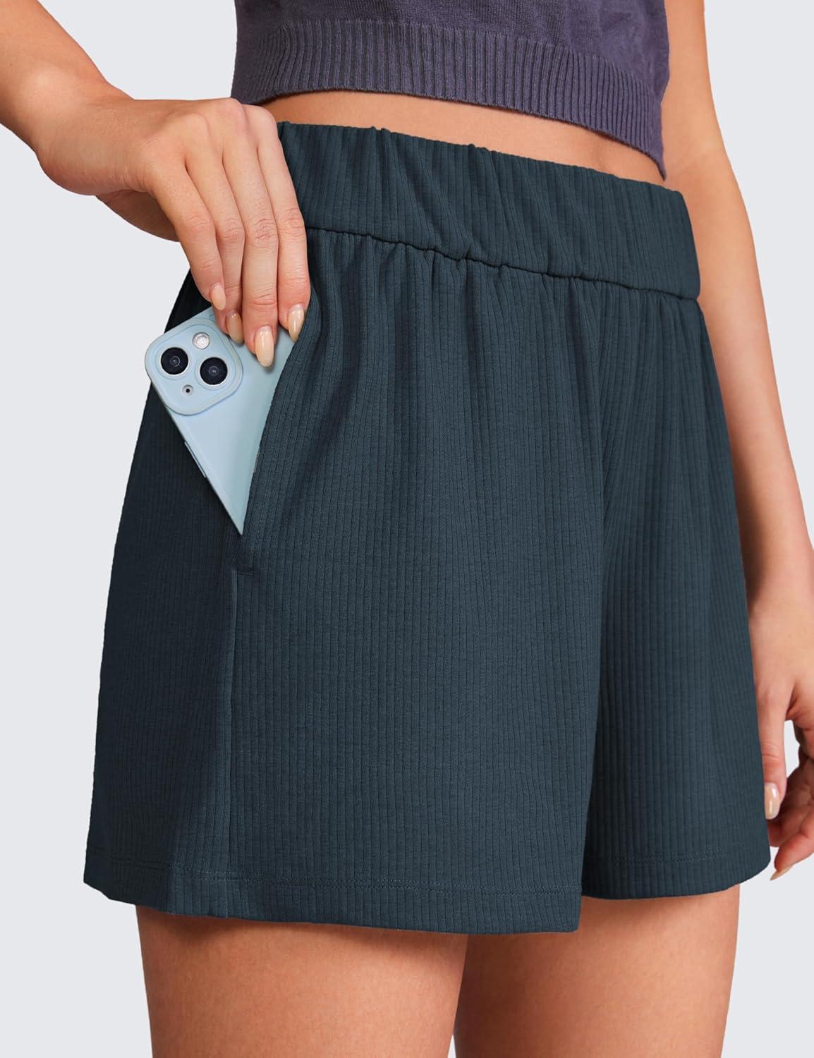 imageCRZ YOGA Comfy Ribbed Sweat Shorts for Women 3quot High Waisted Lyocell for Casual Lounge Athletic Jersey with PocketsTrue Navy