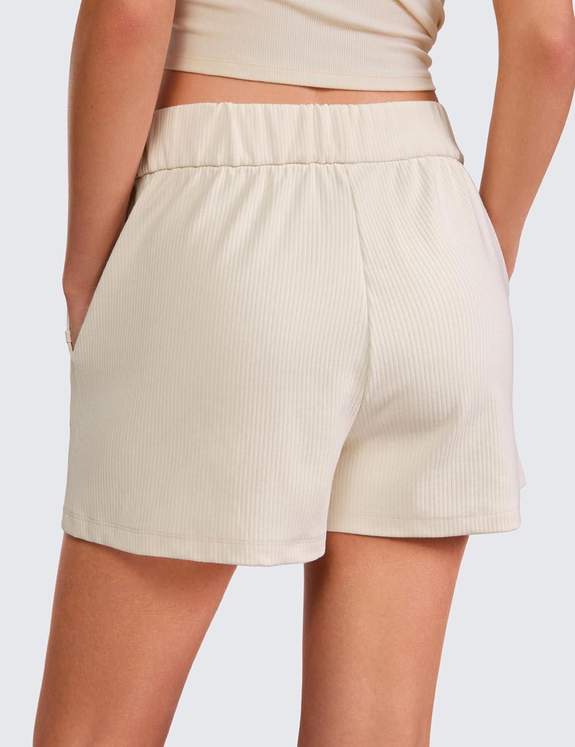 imageCRZ YOGA Comfy Ribbed Sweat Shorts for Women 3quot High Waisted Lyocell for Casual Lounge Athletic Jersey with PocketsWhite Apricot
