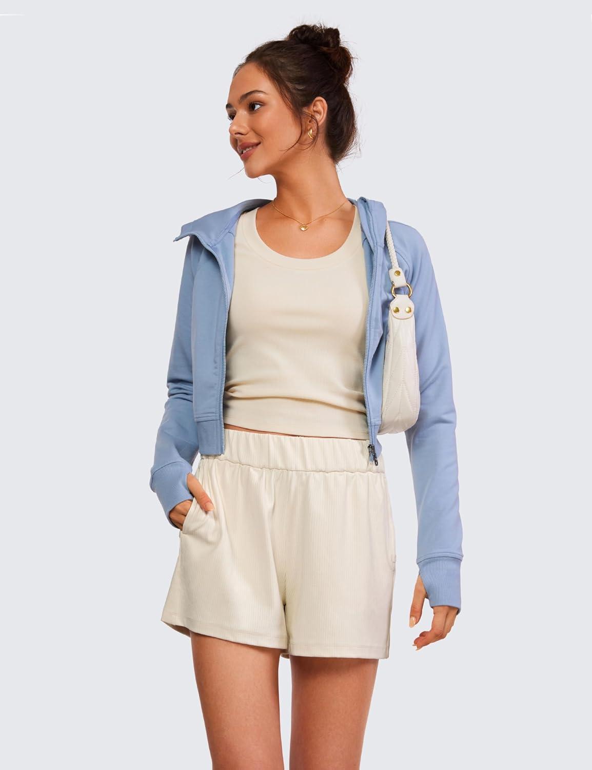 imageCRZ YOGA Comfy Ribbed Sweat Shorts for Women 3quot High Waisted Lyocell for Casual Lounge Athletic Jersey with PocketsWhite Apricot