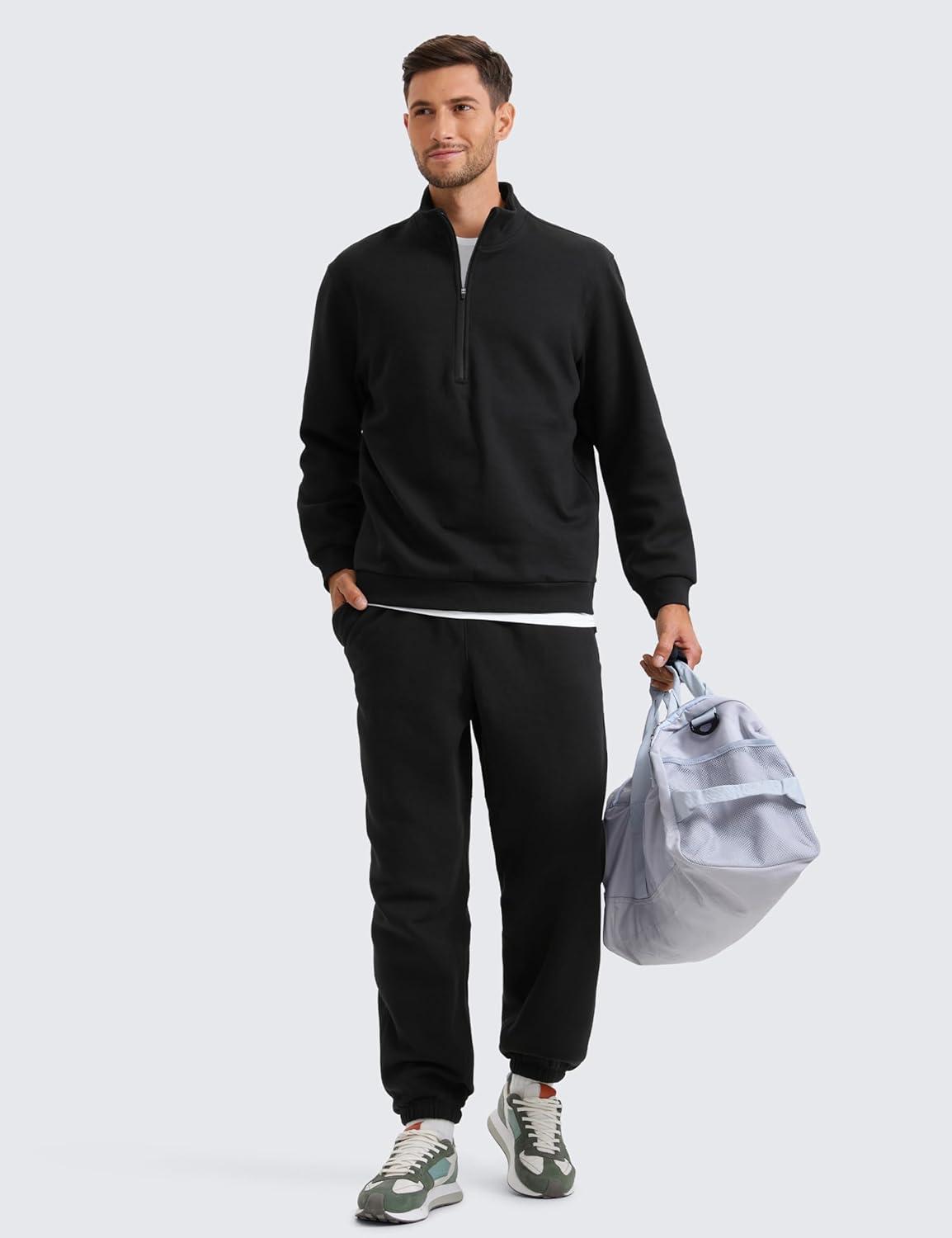 imageCRZ YOGA Cotton Fleece Lined Relaxed Sweatpants for Men 32quot Loose Lounge Casual Bottom Sweat Pants with Zipper PocketBlack